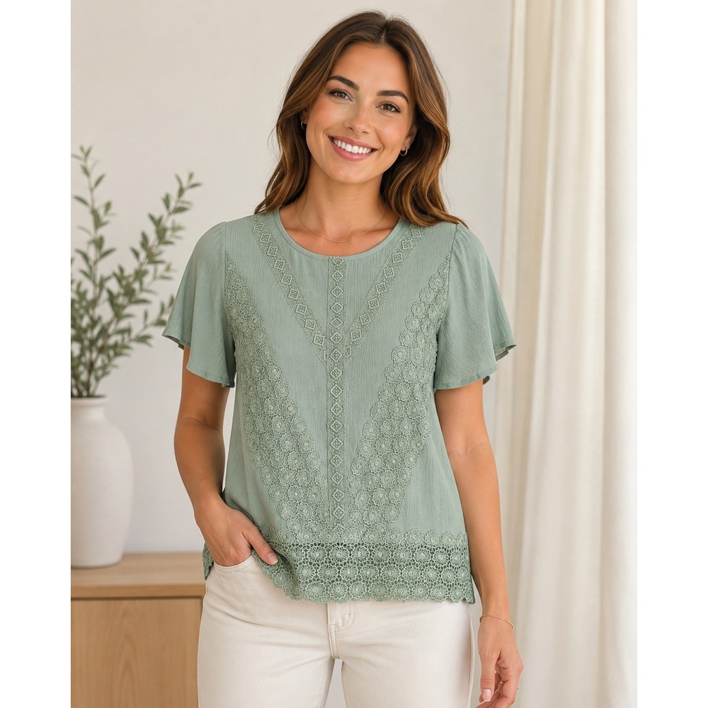 Cloth & Portrait Lace Embroidered Blouse Womens Small Sage Green